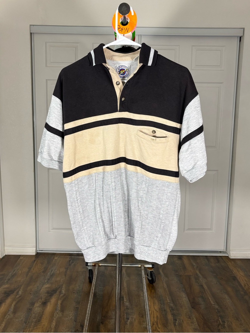 Men's Colorblock Polo with Pocket - Black, Cream & Gray